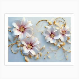 3d Art With White And Pink Flowers, Golden Swirls And Leaves On Light Blue Art Print