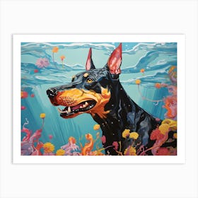 Doberman Dog Swimming In The Sea Art Print