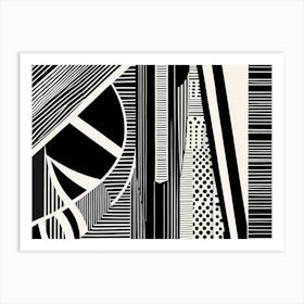 Retro Inspired Linocut Abstract Shapes Black And White Colors art, 203 Art Print