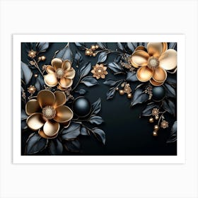 3d Golden Jewelry and Flowers in Black Design Art Print