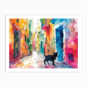 Bari, Italy   Black Cat In Street Art Watercolour Painting 3 Art Print