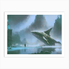 Lonely Woman Caught In Surrealism Blue Art Print