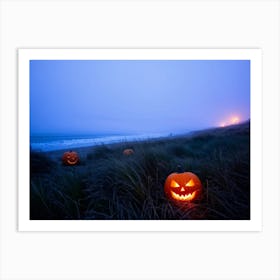 Jack O Lanterns With Eerie Glows Emanating A Soft Light Scattered Along A Desolate Shoreline Early (5) Art Print