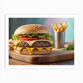 Juicy Cheeseburger With French Fries And Orange Juice 1 Art Print