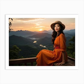 A Youthful Asian Woman Embodying Freedom Pleasure And Success Embarks On An Extreme Adventure P (6) Art Print