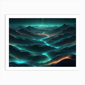 Nighttime Scenery Of A Mountainous Landscape With A River Flowing Through It, Illuminated With Bright, Blue Light Art Print