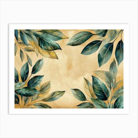 Vintage Tropical Green Brown Leaves Beige Background Golden Texture Luxury Art Print