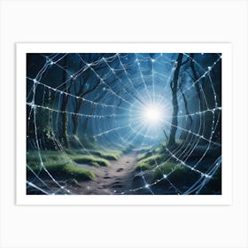 Mystical Forest Path At Night With A Large Spider Web In The Foreground And A Bright Light Source Shining Through The Trees Art Print