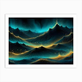 Abstract Digital Art Featuring A Night Sky With A Stylized Mountain Range And A Glowing Aurora Borealis Art Print