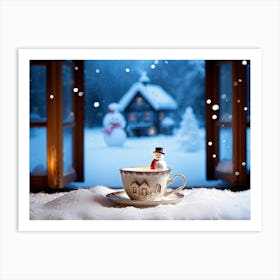 Miniature House Nestling Inside A Teacup Windows Aglow With Warm Light Surrounded By A Powdered Su Art Print