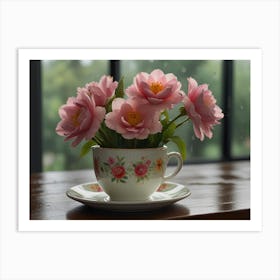 Pink Flowers In A Cup 1 Art Print