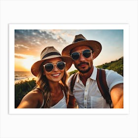 Couple Taking Selfie At Sunset Art Print