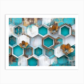 Turquoise And Blue Elements Blend With White Lattice And Brown Hexagons 1 Art Print