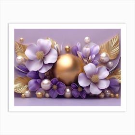 3d Floral and Geometric Objects Gold Ball and Pearls, Gold Jewelry Art Print