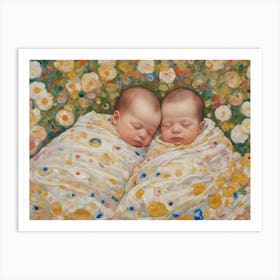 Classy Twins in a bed of flowers Klimt Style Art Print