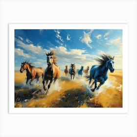 Wild Horses Gallop Across The Golden Prairie Art Print