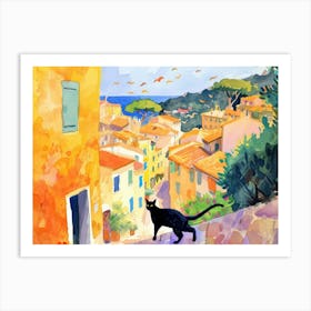 Cannes, France   Cat In Street Art Watercolour Painting 4 Art Print