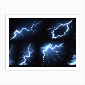 Six Different Lightning Bolts With Clouds On A Black Background Art Print