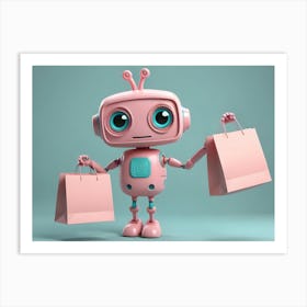 A Cute, Pink Robot With Blue Eyes Is Holding Two Pink Shopping Bags Art Print