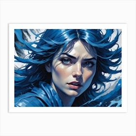 A Portrait Of A Woman With Blue Hair And Eyes, Looking Directly At The Viewer With A Determined Expression Art Print