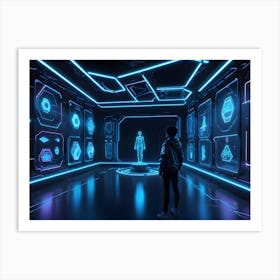 A Young Person Stands In A Futuristic, Blue Lit Room, Surrounded By Digital Screens Displaying Various Data And Symbols Art Print