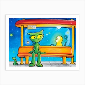 Illustration Of A Friendly Alien With Yellow Cat Like Eyes Waiting At A Vibrant Surreal Bus Stop Art Print