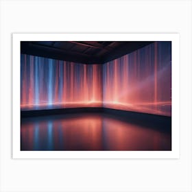 An Empty Room With Two Large Screens Displaying A Colorful, Abstract Image Of A Sky With Streaks Of Light Art Print