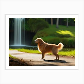 Golden Retriever Standing By Waterfall Art Print