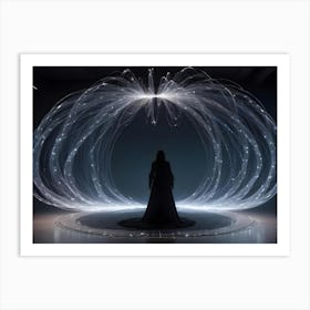 Woman In A Long Black Dress Standing In A Dark Room With A Swirling Shape Of White Light Surrounding Her Art Print