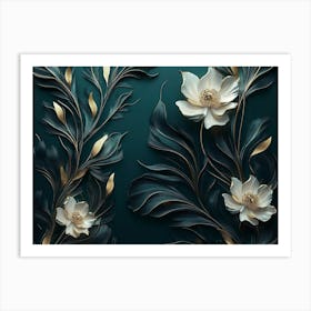 3d Modern Artwork Painting Abstraction Art with White, Dark Green and Golden Flowers Art Print