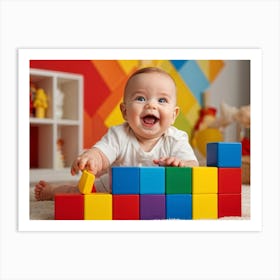 Baby Smiling Engaging With Vibrant Blocks Of Primary Colors Soft Focus Background Enhancing The Ch (6) Art Print