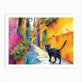 Valencia, Spain   Cat In Street Art Watercolour Painting 3 Art Print
