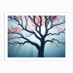 A Low Angle View Of A Tall, Bare Tree With Red Leaves Against A Misty, Blue Background Art Print