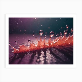 A Macro Photograph Of A Water Drop Splash, Creating A Crown Like Shape With Delicate Droplets And A Slight Red Hue Art Print