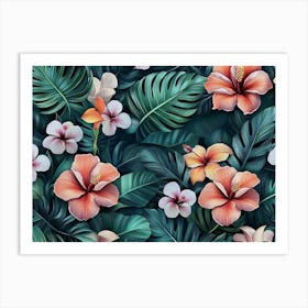 Tropical Seamless Pattern with Exotic Flowers and Leaves 2 Art Print