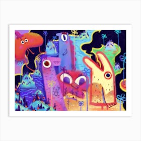 Colourful creatures in landscape Art Print