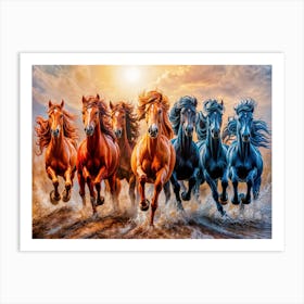 An Exquisite Oil Painting Capturing Seven Horses Galloping Art Print