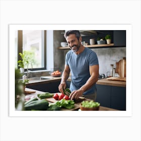 Happy Man Preparing Vegetables In Kitchen Art Print