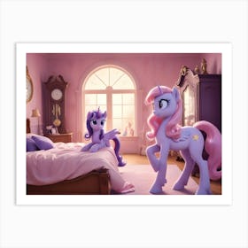 Two Cartoon Ponies, Twilight Sparkle And Starlight Glimmer, Standing In A Pink And Purple Bedroom, Creating A Whimsical And Playful Scene Art Print