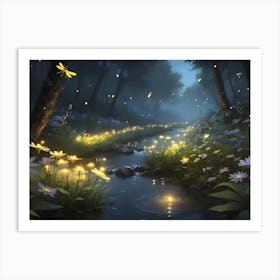 A Magical Stream With Fireflies And Flowers Art Print