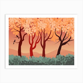 Landscape Nature Forest Trees Vegetation Stylized Birds Silhouettes Fall Design Sheets Afternoon Mountains Sky Art Print