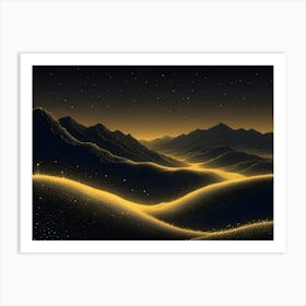 A Digital Art Illustration Of A Night Sky With Glowing, Golden Mountains And A Field Of Stars Art Print