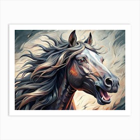 A Detailed Portrait Of A Wild Horse With Flowing Mane And Open Mouth, Showing Its Teeth And Tongue Art Print