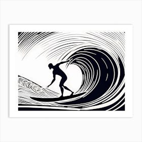 Linocut Black And White Surfer On A Wave art, surfing art, 269 Art Print