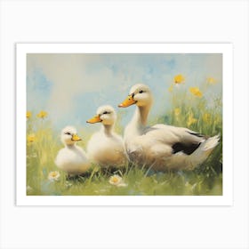 Duck Family In Green Meadow Art Print