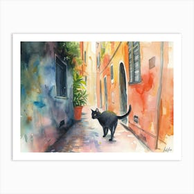 Black Cat In Genoa, Italy, Street Art Watercolour Painting 3 Art Print