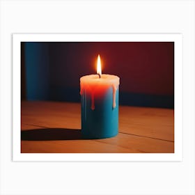 Photo Of A Blue Candle With Dripping Wax On A Wooden Surface Art Print