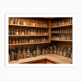 A Photograph Of A Wall Of Shelves Filled With Glass Bottles, Each Containing A Different Type Of Grain Or Seed Art Print