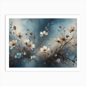 A Painting Of Delicate, White Flowers With Brown And Blue Accents Against A Soft, Blurred Background Art Print