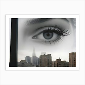 An Eye With Long Eyelashes Looking Out A Window At A City Skyline Art Print